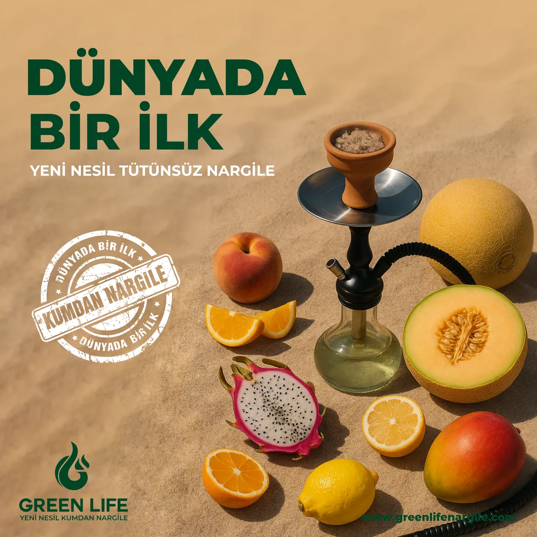 Kumun üzerinde nargile, etrafında meyveler ve 'Dünyada bir ilk' mührü